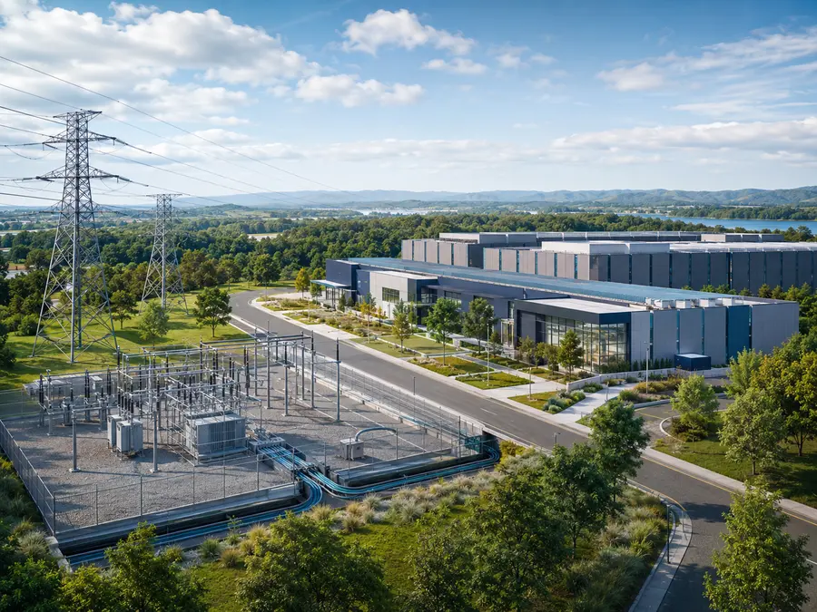 Utility substation and transmission lines supplying a landscaped data center campus