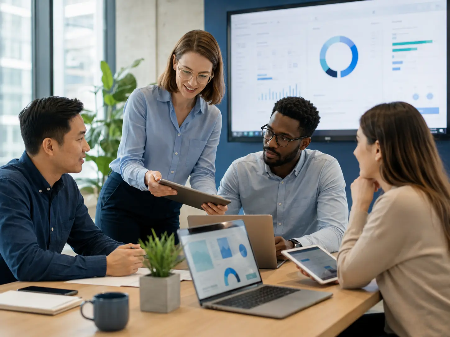 Business team collaborating with secure cloud applications and shared digital files