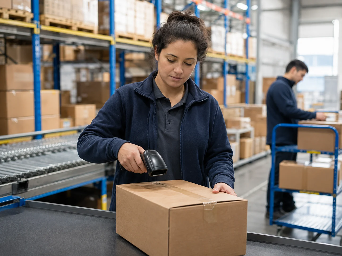 Warehouse worker preparing and tracking an online order for delivery