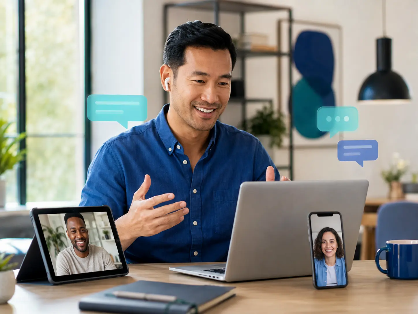 People staying connected through video calls and digital messaging across multiple devices