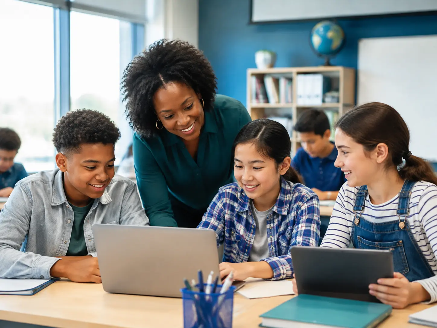 Teacher and students using connected learning technology in a classroom