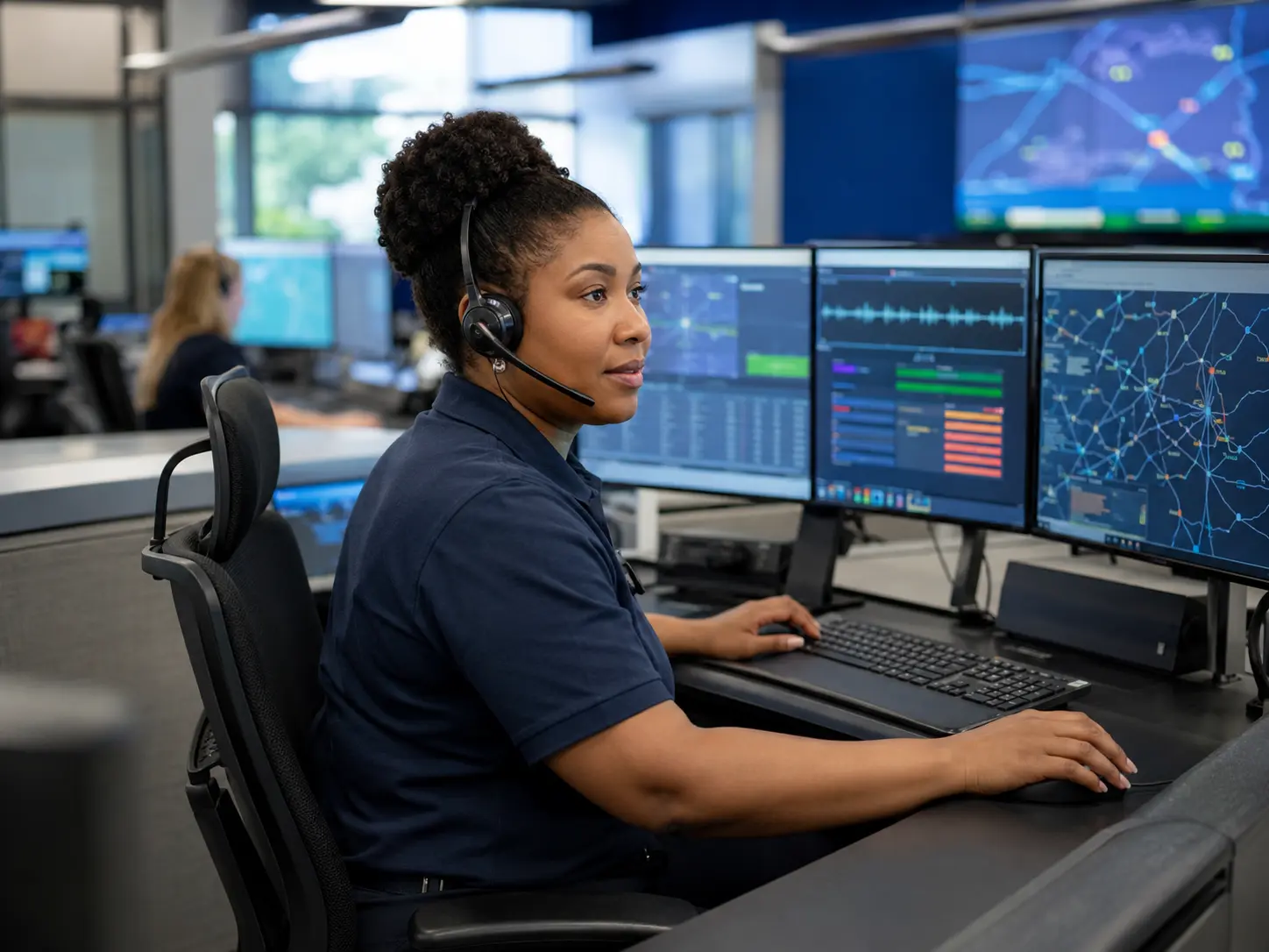Emergency dispatcher coordinating a public-safety response from a modern communications center