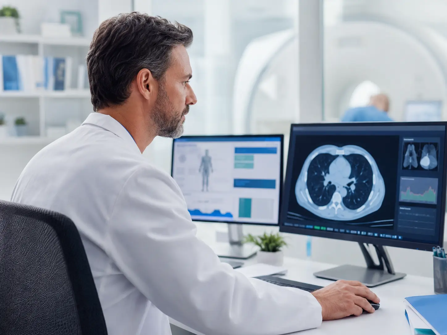 Clinician reviewing digital patient information and medical imaging in a hospital