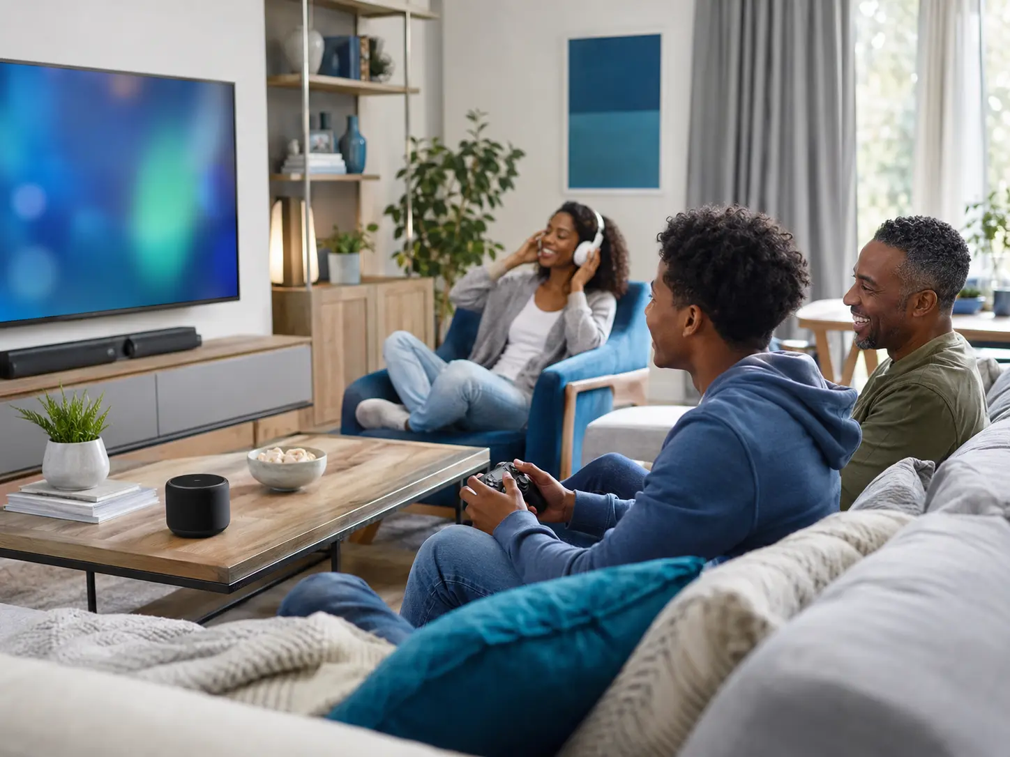 Household enjoying connected video, music, and gaming entertainment