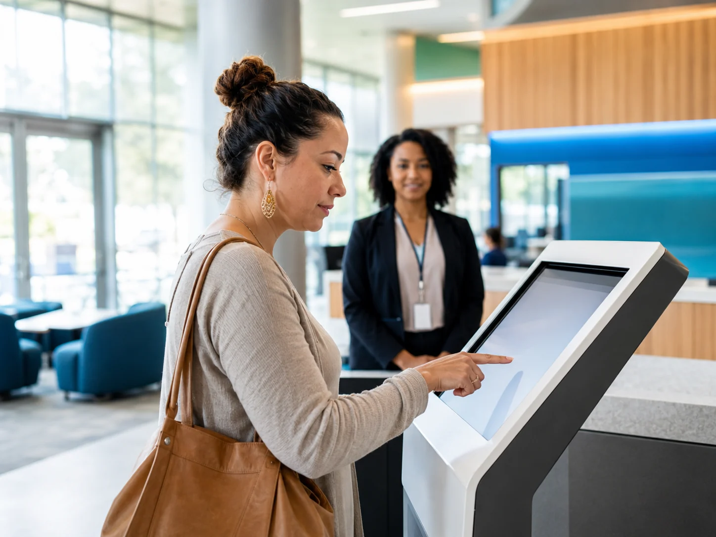 Resident accessing digital public services in a modern civic office