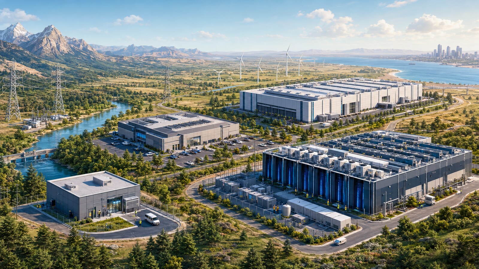 Editorial illustration of four data center facility types connected to power, water, native landscapes, and local communities