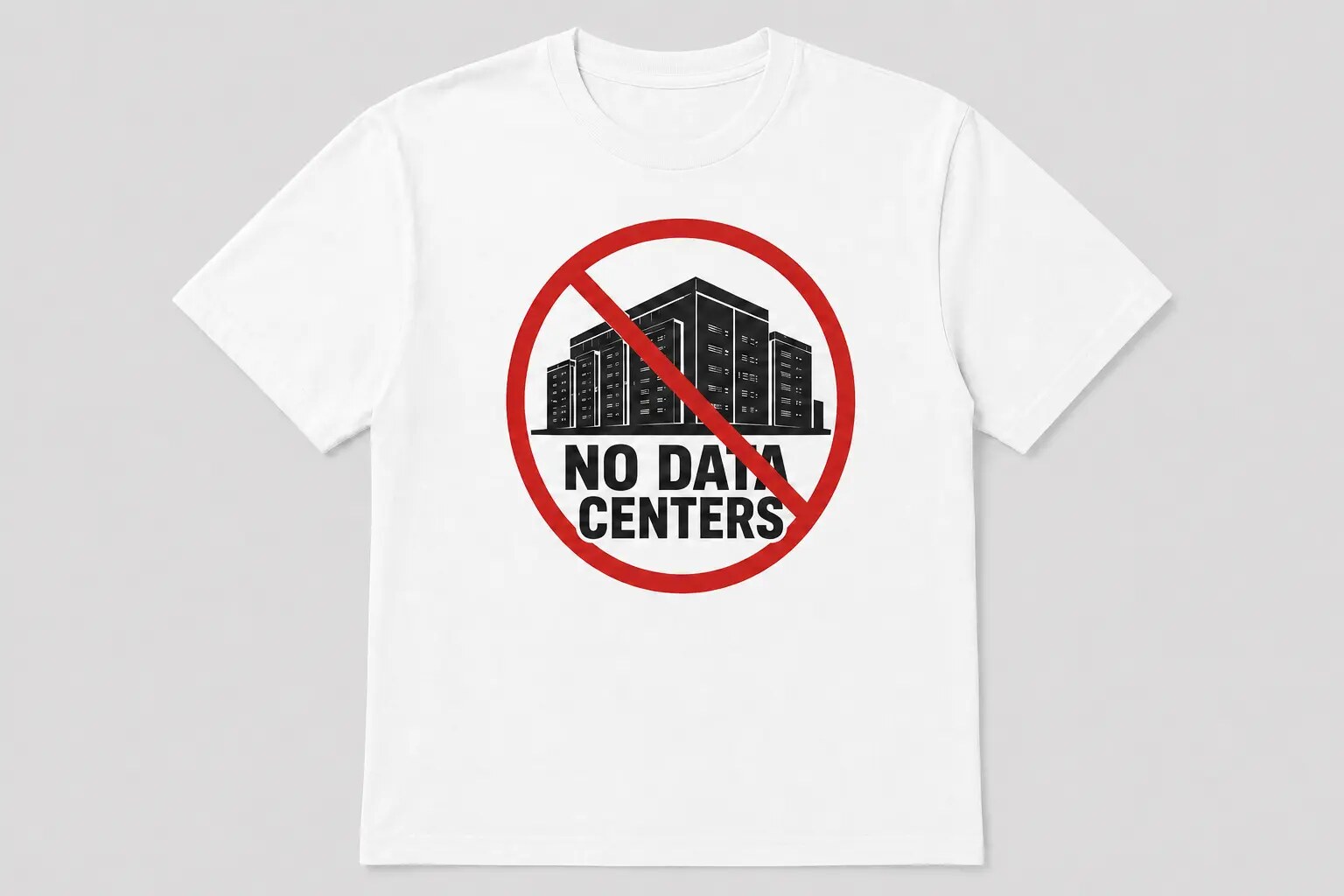 White No Data Centers T-shirt with a red prohibition symbol over a data center