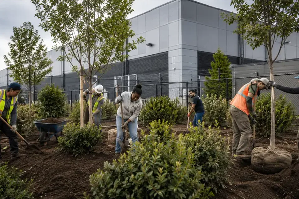 A team planting young trees and substantial shrubbery around a modern data center