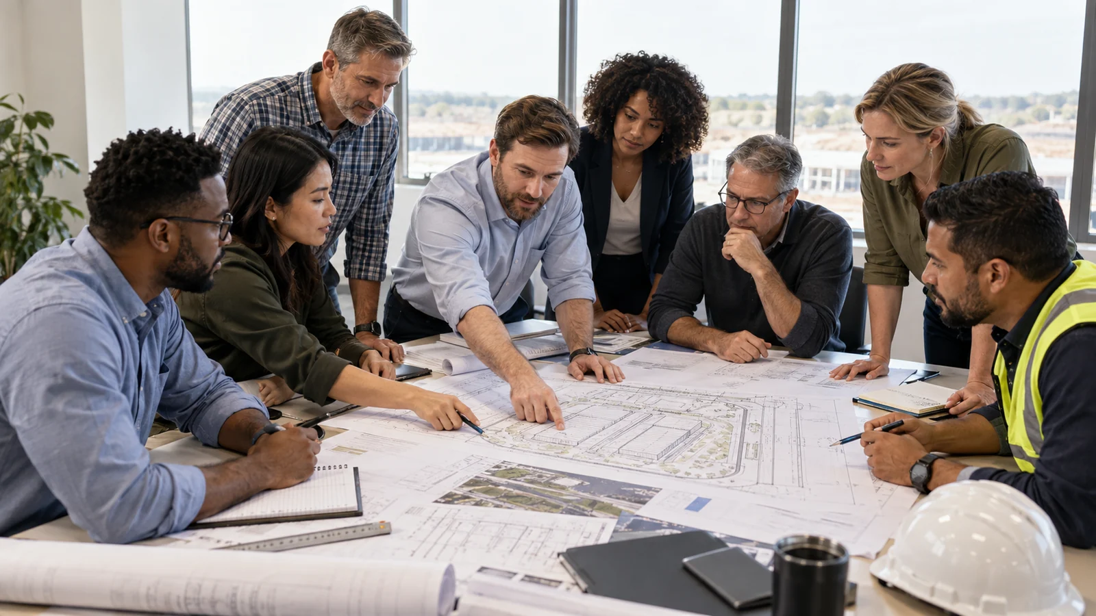 A diverse team of community members, engineers, planners, and construction professionals reviewing data center construction drawings around a conference table